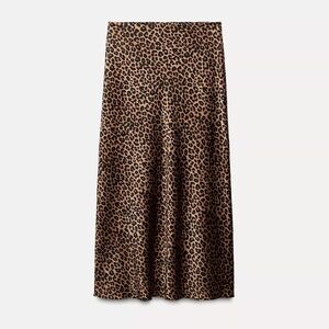 NWT Zara Leopard Print Satin-Effect Midi Skirt - Brown & Black - Size Large